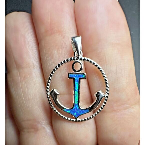 Blue Lab Opal Anchor Pendant 925 Silver Naval Retirement or Cruise Vacation Gift - Picture 1 of 6